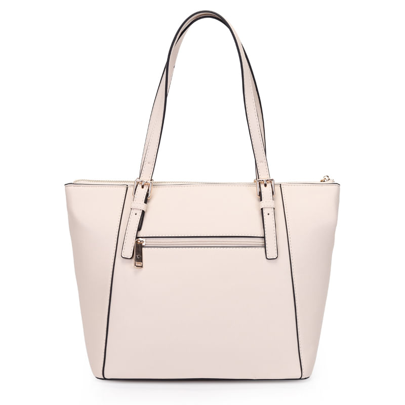 Verso da bolsa WJ off white mostrando bolso externo com zíper e acabamento em viés